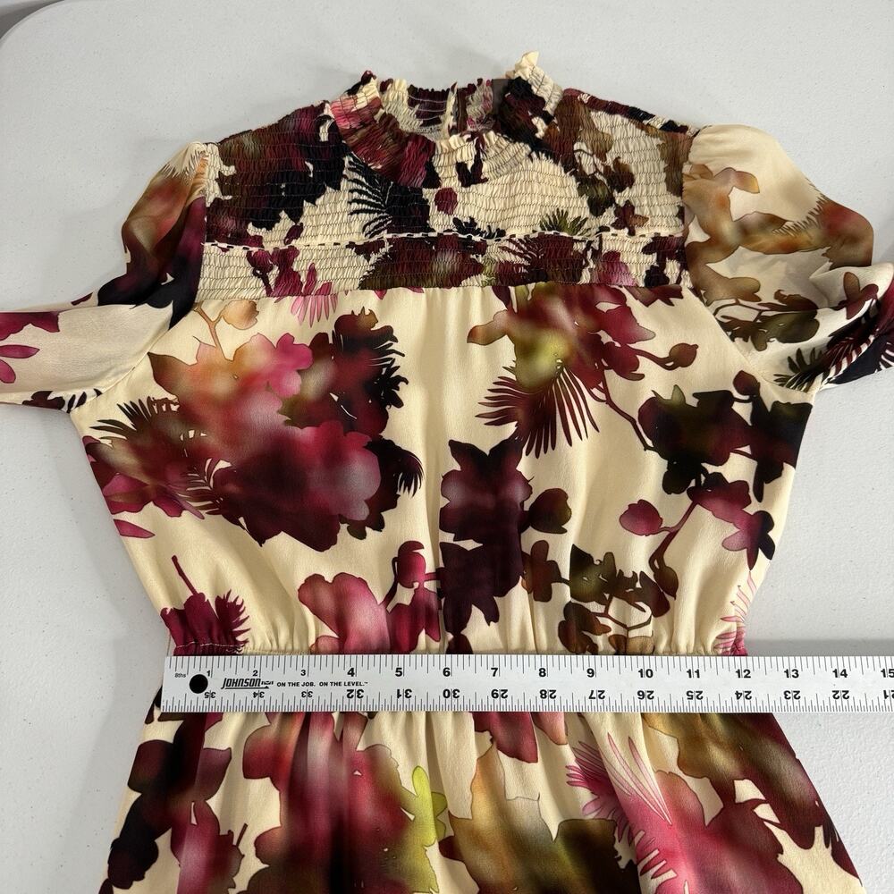 Vineet Bahl Watercolor Hibiscus Mini Dress Womens Small Cream Pink‎ Smocked Boho - Picture 13 of 16